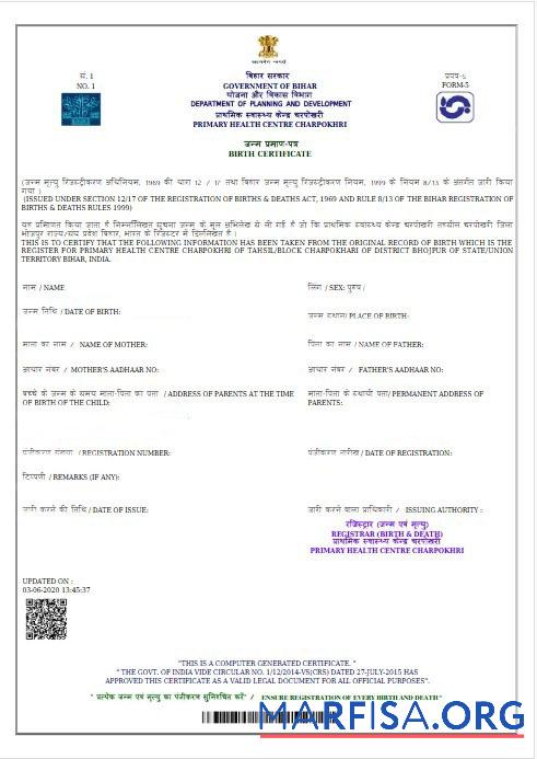 Blank India Government of Bihar birth certificate sample